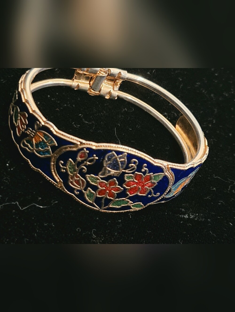Vintage Gold-Tone Blue Cloissone' Enamel Floral Bangle Bracelet